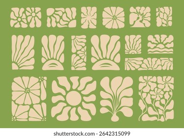 Abstract Botanical Shapes and Sunny Organic Elements. Groovy Eco Vector Design Set for Kitchen Wall Art and Natural Branding