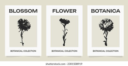 Abstract botanical silhouette art. Collection of aesthetic modern posters. Black flowers on gray backgroand. Vector minimalism illustration. For printing, wall decor, prints, postcard.