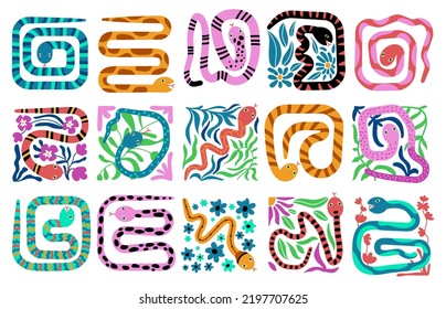 Abstract botanical snake tiles. Nature snakes and floral branches. Isolated contemporary doodle animals graphic. Trendy reptile design decent vector set