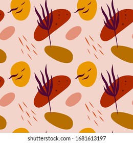 Abstract botanical spring or summer seamless pattern with abstract elements in vector. Bright colors and smooth shapes.