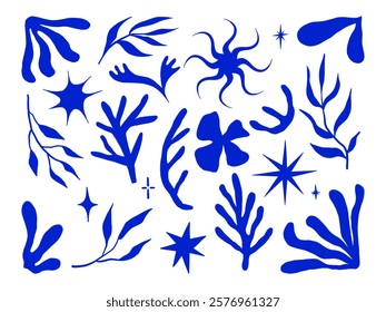 Abstract Botanical and Star Icon Bold Blue. A vibrant collection of abstract icons featuring botanical elements, stars, and organic shapes in bold blue tones, perfect for modern and artistic projects