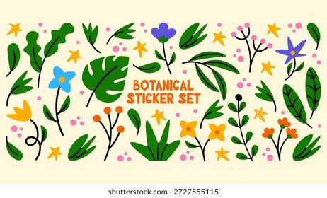 Abstractas conjunto de pegatinas botánicas con flores estilizadas y Elementos de plantas juguetones. Flores orgánicas dibujadas a mano con diversas siluetas de hojas, inspiradas en la estética hippie funky de los años 90. Colección de doodle de Vector de moda