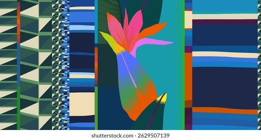 Abstract botanical striped pattern. Collage contemporary unique print. Fashionable template for design.
