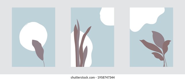 Abstract botanical template in flat design Vector illustration Set of wall art with different leaves on abstract spotted backdrop