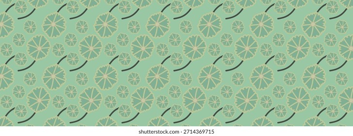 Abstract botanical tossed seamless tile — muted palette, ideal for home textiles and decorative interior surfaces.