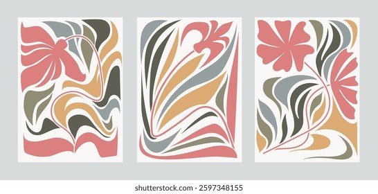 Abstract botanical trendy art prints set with fluid organic shapes, wavy lines in retro colors. Minimalist mid century modern design, boho doodle floral elements. Hand drawn vector illustration poster