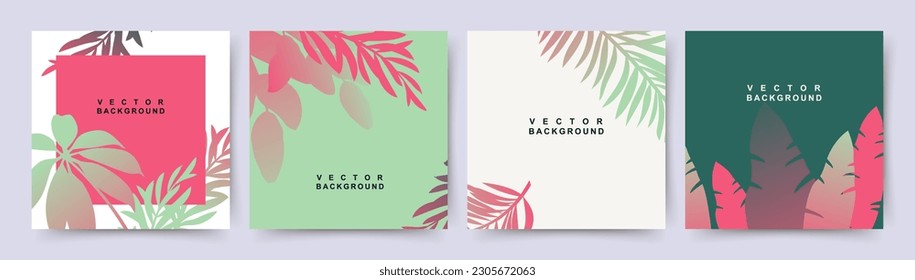 Abstract botanical trendy backgrounds with tropical leaves in green and pink colors. Editable vector templates for card, banner, invitation, social media post, poster, mobile app, web ads, flyer