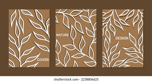 Abstract botanical universal cover template set. vector hand drawn leaves. Use for poster, card, invitation, flyer, cover, banner, placard, brochure, graphic design