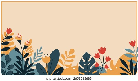 Abstract Botanical Vector Background with Colorful Leaves Border in Flat Style. Eps 10