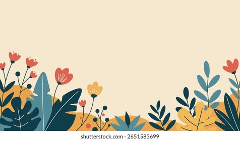 Abstract Botanical Vector Background with Colorful Leaves Border in Flat Style. Eps 10