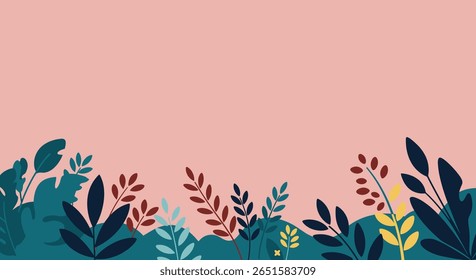 Abstract Botanical Vector Background with Colorful Leaves Border in Flat Style. Eps 10