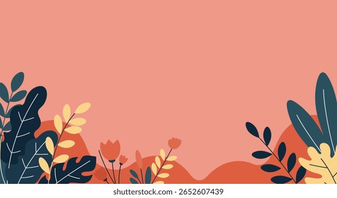 Abstract Botanical Vector Background with Colorful Leaves Border in Flat Style. Eps 10