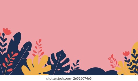 Abstract Botanical Vector Background with Colorful Leaves Border in Flat Style. Eps 10