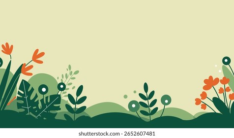 Abstract Botanical Vector Background with Colorful Leaves Border in Flat Style. Eps 10