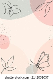 Abstrakter botanischer Vektorhintergrund. Handgezeichnete Blätter und Schmetterlinge, Linienkunst.