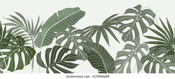 Abstract botanical vector background. Tropical plant wallpaper with foliage, palm, leaves, monstera in hand drawn pattern. Green watercolor botanical design for cover, prints, wall art, decorative.