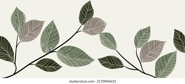 Abstract botanical vector background. Tropical plant wallpaper with foliage, tree branches, leaves in hand drawn pattern. Green botanical forest design for cover, prints, wall art, decorative.