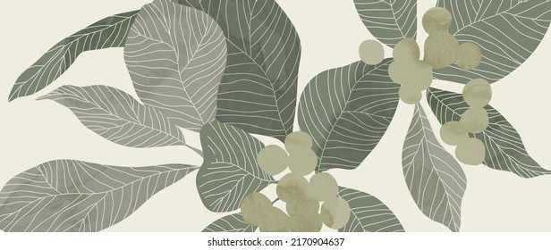 Abstract botanical vector background. Tropical plant wallpaper with foliage, tree branches, leaves in hand drawn pattern. Green watercolor botanical design for cover, prints, wall art, decorative.