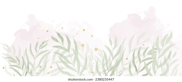 Resumen del fondo del vector botánico. Arte acuarela y hojas de eucalipto verde con salpicadura dorada sobre fondo blanco. Elegante ilustración para el diseño, decoración de pared, impresión, tela, banner.	