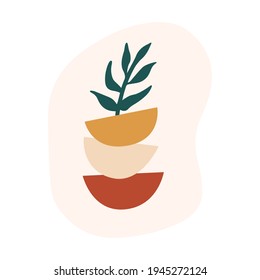 Resumen de la ilustración botánica vectorial. Boho diseña plantas en ollas. Impresión moderna de terracota para arte en la pared. 