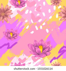 Abstract botanical vector seamless pattern. Floral decorative texture with lotus and pink brushstrokes. Valentine’s Day hand drawn wrapping paper, textile, apparel and wallpaper design.