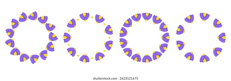 Abstract botanical violet flower bud circle frame set. Floral wreath blossom plant. Hand-drawn round border, laurel, chaplet. spring, summer decor. Isolated vector illustration