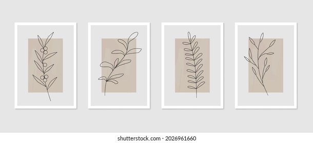 Resumen de decoración de arte botánico en las paredes. Botánica - Plantas, hojas, ramas, líneas de arte dibujando sobre fondo abstracto. Fondo abstracto de diseño de arte mínimo