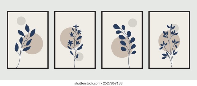 Conjunto de diseños de arte de pared botánico Abstractas de 4. Ilustraciones vectoriales. Plantas, Formas florales y abstractas para la decoración del hogar. Diseños interiores con murales naturales. Diseños para impresión, portada y Fondo de pantalla.