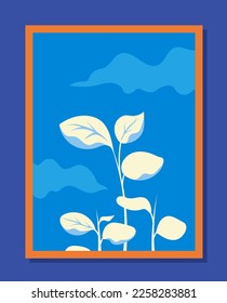 Abstract botanical wall art. Foliage and plant against blue sky with clouds. Minimalist trendy creativity and art. Decor element for apartment or house. Cartoon flat vector illustration