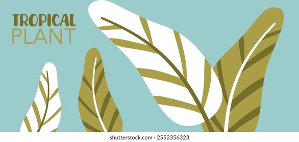Abstract botanical wall art. Foliage drawing with leaves vector illustration on blue background. Minimalist Plant design for wall framed prints, canvas prints, poster, home decor, cover, wallpaper.