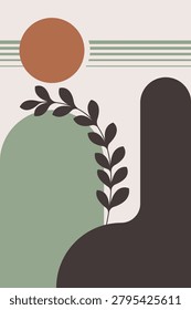Abstract botanical wall art with geometric shapes, organic leaves, and earthy boho colors.