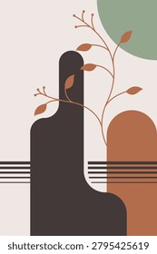 Abstract botanical wall art with geometric shapes, organic leaves, and earthy boho colors.