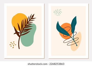 Abstract botanical wall art illustration vector set. Line art drawing of leaves with abstract shapes. Abstract plant art design for print, covers, wrapping paper, minimal and natural wall decorations.