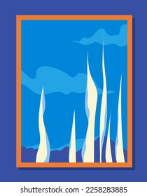 Abstract botanical wall art. Large white stems silhouettes on blue background. Aesthetics and elegance, fashion, style and trend. Plant and flower. Cartoon flat vector illustration