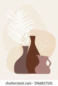 Abstract botanical wall art. palm leaf in vases. on the background of simple geometric shapes. minimalist composition in boho style. Vector banner for postcards, interior cards.