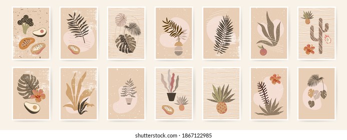 Abstract botanical wall art posters. Fluid organic shapes, neutral natural colors. Contemporary collage artistic wall prints. Mid Century Modern design. Plant abstraction posters. Vector illustration