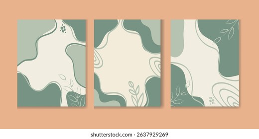 Abstract botanical wall art set with minimalist organic shapes and earthy tones. Modern, elegant design ideal for home decor, posters, prints, and digital backgrounds.