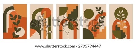 Abstract botanical wall art set with geometric shapes, organic leaves, and earthy boho colors.