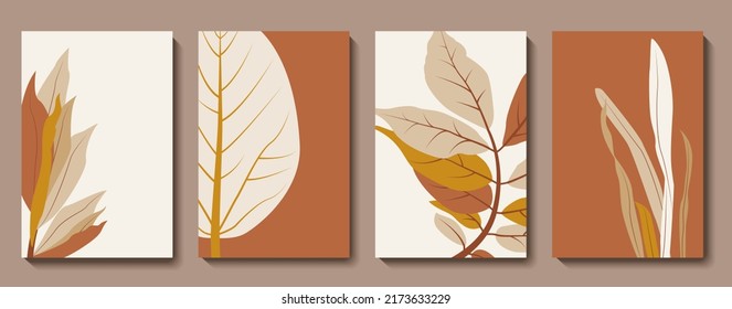 Abstract botanical wall art vector set. Boho leaf natural line art wallpaper. Tropical leaves and floral pattern minimal design for home decor wall art, social media post template. Vector illustration