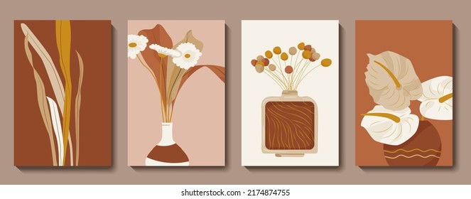 Resumen del conjunto de vectores de arte mural botánico. Papel pintado de estilo bohemio de la línea natural. Flores vivas y secas en jarrones para decoración casera, arte mural, afiche artístico, tarjeta de saludo. Ilustraciones vectoriales modernas