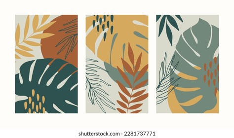 Abstract botanical wall art vector set. Boho foliage line art drawing with abstract shape. Plant Art design for print, cover, wallpaper, natural wall art.