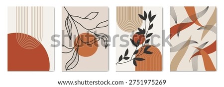 Abstract botanical wall art vector set with black leaf line art and terracotta beige geometric shapes. Modern minimalist boho design for poster, print, home decor and gallery wall.