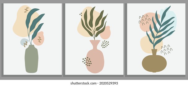 Abstract botanical wall decoration poster set. Collection of three minimalist floral collage with tropical palm branch in vase with random organic shape and hand drawn doodle lines. Contemporary art.
