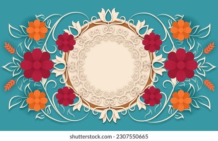 Abstract Botanical Wallpaper or Wedding Card with Floral Ornament, Circular Frame and Space for Message, Generative AI. 