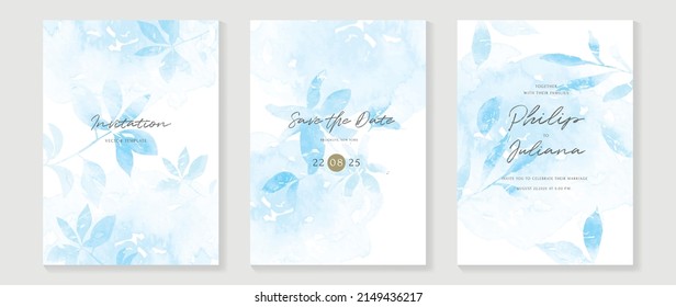 Abstract botanical wedding invitation card template. Light blue watercolor card background with leaf branches, tropical plants, foliage. Elegant vector design suitable for banner, cover, invitation.