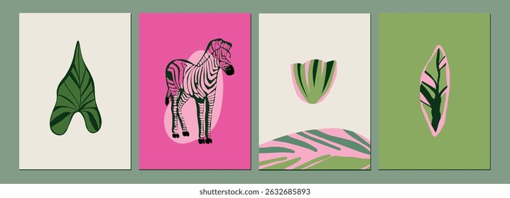 Abstract Botanical and Zebra Art Prints Set