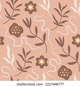 Resumen botánico patrón pastel sin costuras. Fondo floral rosa moderno con flores fluidas, rama, puntos, líneas líquidas dinámicas, ondas, curvas. Ilustración vectorial de repetición elegante