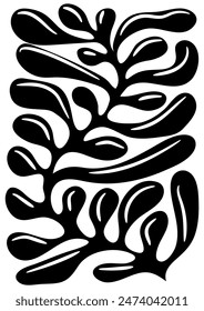 Abstract botany print in naive art style.Trendy retro poster with leaves.  Seventies, groovy background. Decorative contemporary botanical plant shap. Hippie Aesthetic. Hand-drawn vector Illustration