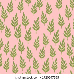 Abstract botany seamless pattern with little green leaf branches elements. Pink background. Decorative backdrop for fabric design, textile print, wrapping, cover. Vector illustration.