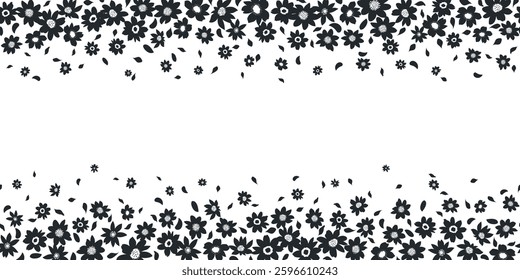 Abstract botany silhouette with petal, flower and leaf vector illustration isolated seamless border frame